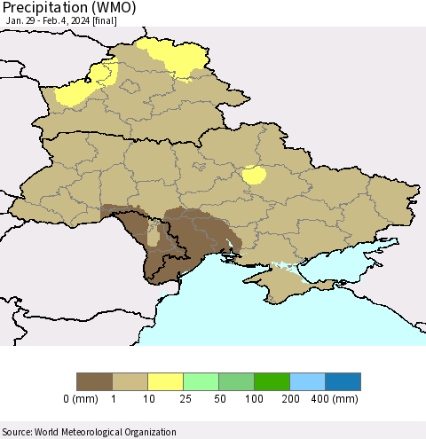 Ukraine, Moldova and Belarus Precipitation (WMO) Thematic Map For 1/29/2024 - 2/4/2024