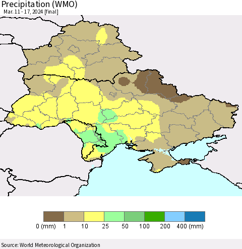 Ukraine, Moldova and Belarus Precipitation (WMO) Thematic Map For 3/11/2024 - 3/17/2024