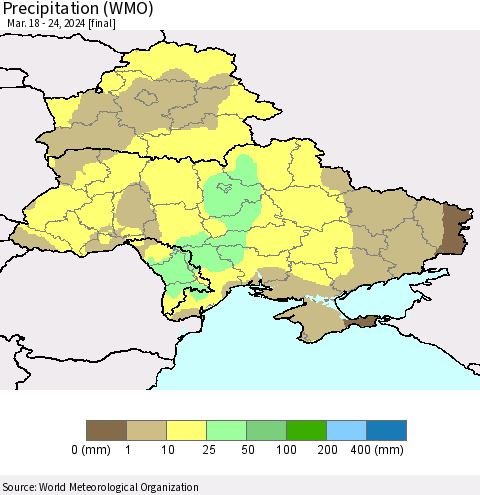 Ukraine, Moldova and Belarus Precipitation (WMO) Thematic Map For 3/18/2024 - 3/24/2024