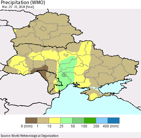 Ukraine, Moldova and Belarus Precipitation (WMO) Thematic Map For 3/25/2024 - 3/31/2024