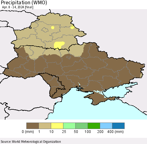 Ukraine, Moldova and Belarus Precipitation (WMO) Thematic Map For 4/8/2024 - 4/14/2024