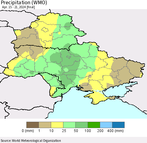 Ukraine, Moldova and Belarus Precipitation (WMO) Thematic Map For 4/15/2024 - 4/21/2024
