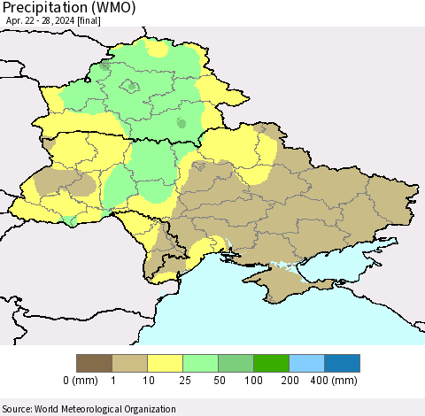 Ukraine, Moldova and Belarus Precipitation (WMO) Thematic Map For 4/22/2024 - 4/28/2024