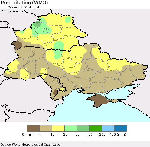 Ukraine, Moldova and Belarus Precipitation (WMO) Thematic Map For 7/29/2024 - 8/4/2024