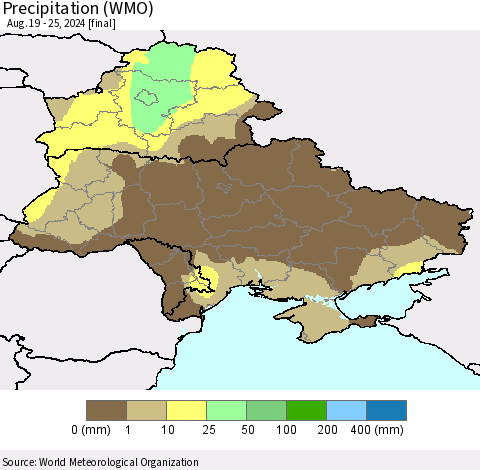 Ukraine, Moldova and Belarus Precipitation (WMO) Thematic Map For 8/19/2024 - 8/25/2024