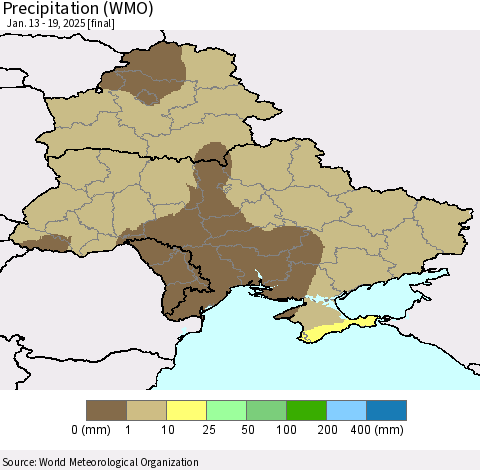 Ukraine, Moldova and Belarus Precipitation (WMO) Thematic Map For 1/13/2025 - 1/19/2025