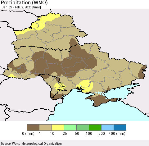 Ukraine, Moldova and Belarus Precipitation (WMO) Thematic Map For 1/27/2025 - 2/2/2025