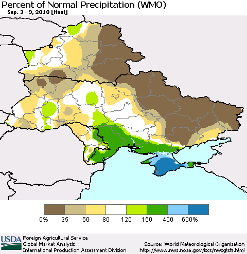 Ukraine, Moldova and Belarus Percent of Normal Precipitation (WMO) Thematic Map For 9/3/2018 - 9/9/2018