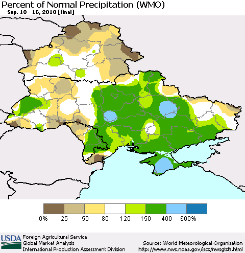 Ukraine, Moldova and Belarus Percent of Normal Precipitation (WMO) Thematic Map For 9/10/2018 - 9/16/2018