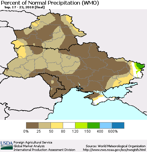 Ukraine, Moldova and Belarus Percent of Normal Precipitation (WMO) Thematic Map For 9/17/2018 - 9/23/2018