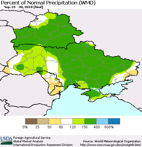 Ukraine, Moldova and Belarus Percent of Normal Precipitation (WMO) Thematic Map For 9/24/2018 - 9/30/2018