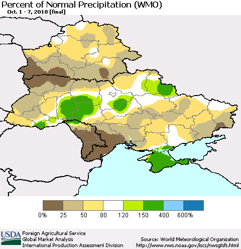 Ukraine, Moldova and Belarus Percent of Normal Precipitation (WMO) Thematic Map For 10/1/2018 - 10/7/2018