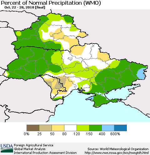Ukraine, Moldova and Belarus Percent of Normal Precipitation (WMO) Thematic Map For 10/22/2018 - 10/28/2018