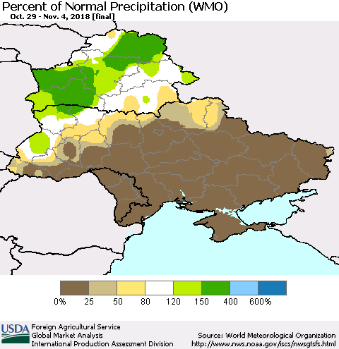 Ukraine, Moldova and Belarus Percent of Normal Precipitation (WMO) Thematic Map For 10/29/2018 - 11/4/2018