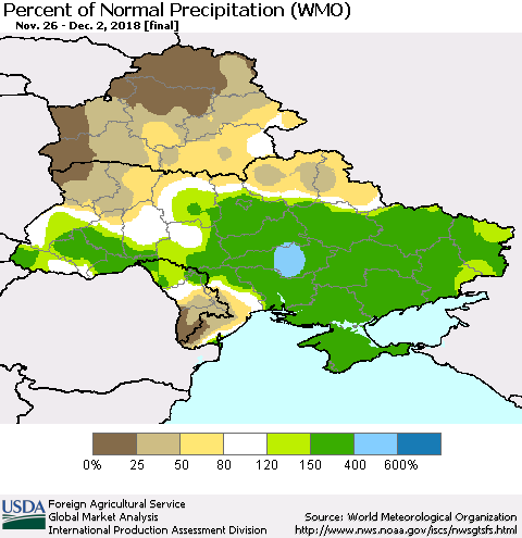 Ukraine, Moldova and Belarus Percent of Normal Precipitation (WMO) Thematic Map For 11/26/2018 - 12/2/2018