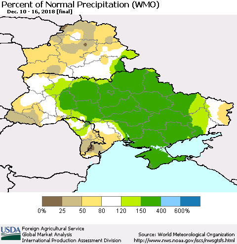 Ukraine, Moldova and Belarus Percent of Normal Precipitation (WMO) Thematic Map For 12/10/2018 - 12/16/2018