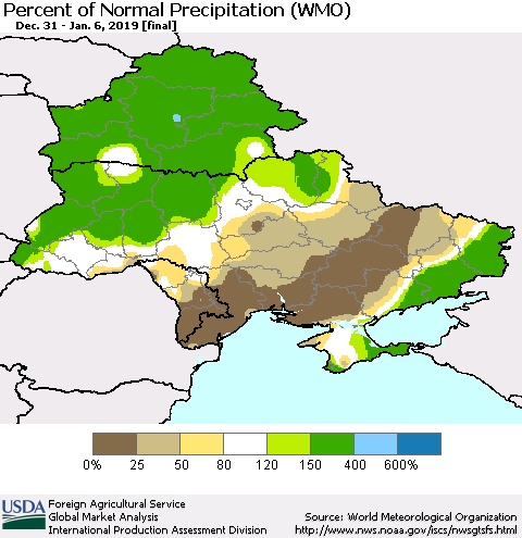 Ukraine, Moldova and Belarus Percent of Normal Precipitation (WMO) Thematic Map For 12/31/2018 - 1/6/2019