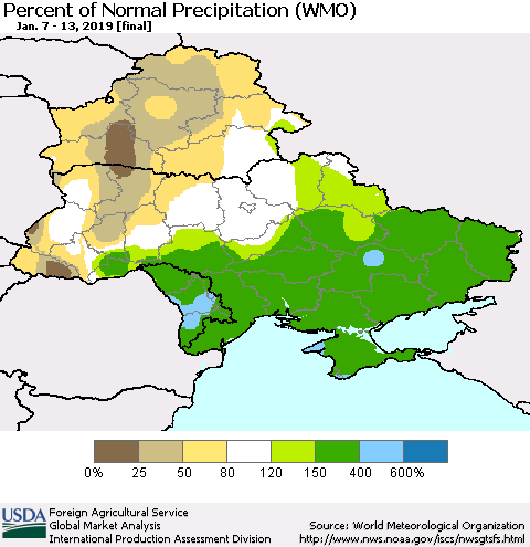 Ukraine, Moldova and Belarus Percent of Normal Precipitation (WMO) Thematic Map For 1/7/2019 - 1/13/2019