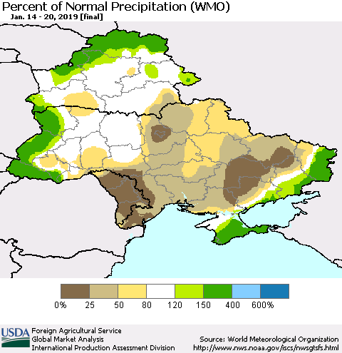 Ukraine, Moldova and Belarus Percent of Normal Precipitation (WMO) Thematic Map For 1/14/2019 - 1/20/2019