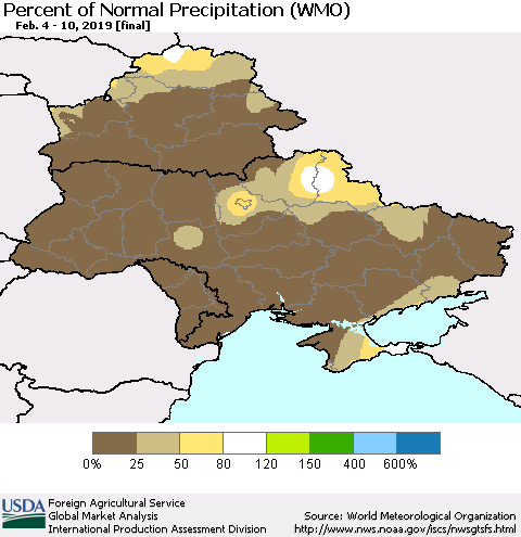 Ukraine, Moldova and Belarus Percent of Normal Precipitation (WMO) Thematic Map For 2/4/2019 - 2/10/2019