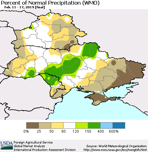 Ukraine, Moldova and Belarus Percent of Normal Precipitation (WMO) Thematic Map For 2/11/2019 - 2/17/2019