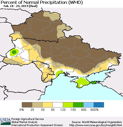 Ukraine, Moldova and Belarus Percent of Normal Precipitation (WMO) Thematic Map For 2/18/2019 - 2/24/2019