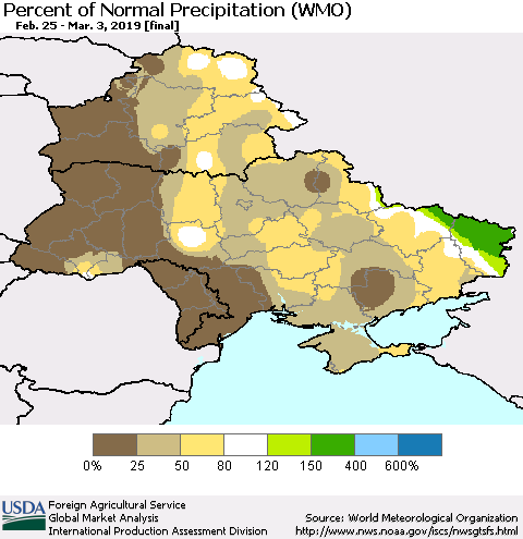 Ukraine, Moldova and Belarus Percent of Normal Precipitation (WMO) Thematic Map For 2/25/2019 - 3/3/2019