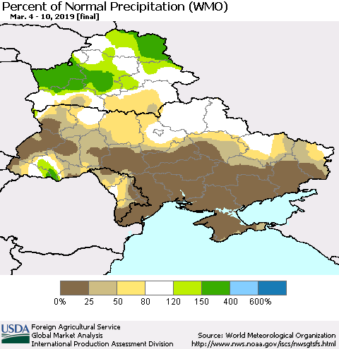 Ukraine, Moldova and Belarus Percent of Normal Precipitation (WMO) Thematic Map For 3/4/2019 - 3/10/2019
