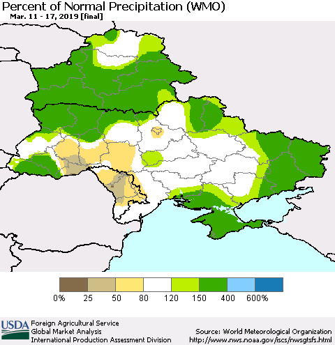 Ukraine, Moldova and Belarus Percent of Normal Precipitation (WMO) Thematic Map For 3/11/2019 - 3/17/2019