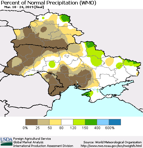Ukraine, Moldova and Belarus Percent of Normal Precipitation (WMO) Thematic Map For 3/18/2019 - 3/24/2019