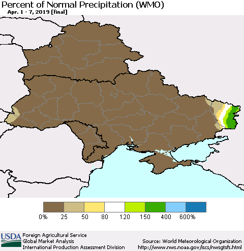 Ukraine, Moldova and Belarus Percent of Normal Precipitation (WMO) Thematic Map For 4/1/2019 - 4/7/2019