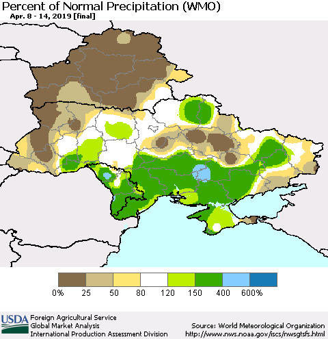 Ukraine, Moldova and Belarus Percent of Normal Precipitation (WMO) Thematic Map For 4/8/2019 - 4/14/2019