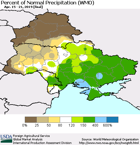 Ukraine, Moldova and Belarus Percent of Normal Precipitation (WMO) Thematic Map For 4/15/2019 - 4/21/2019