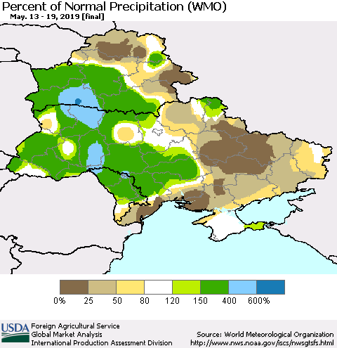 Ukraine, Moldova and Belarus Percent of Normal Precipitation (WMO) Thematic Map For 5/13/2019 - 5/19/2019