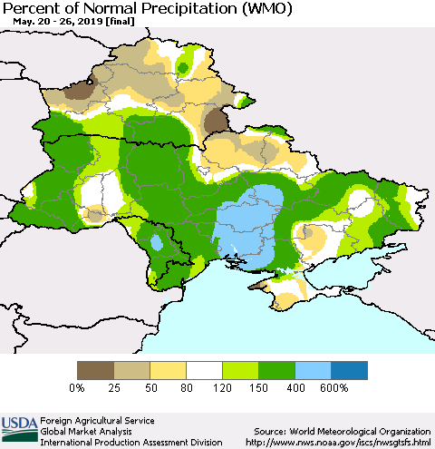 Ukraine, Moldova and Belarus Percent of Normal Precipitation (WMO) Thematic Map For 5/20/2019 - 5/26/2019