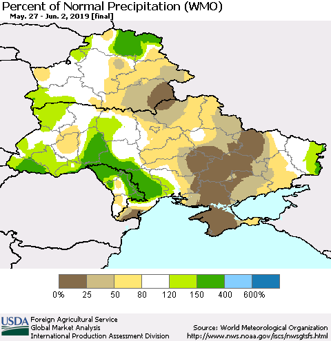 Ukraine, Moldova and Belarus Percent of Normal Precipitation (WMO) Thematic Map For 5/27/2019 - 6/2/2019