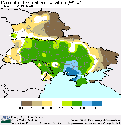 Ukraine, Moldova and Belarus Percent of Normal Precipitation (WMO) Thematic Map For 6/3/2019 - 6/9/2019