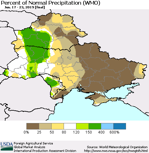 Ukraine, Moldova and Belarus Percent of Normal Precipitation (WMO) Thematic Map For 6/17/2019 - 6/23/2019