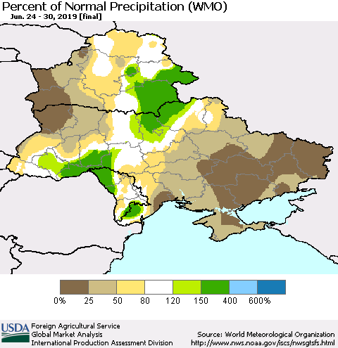 Ukraine, Moldova and Belarus Percent of Normal Precipitation (WMO) Thematic Map For 6/24/2019 - 6/30/2019