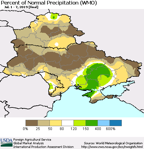 Ukraine, Moldova and Belarus Percent of Normal Precipitation (WMO) Thematic Map For 7/1/2019 - 7/7/2019