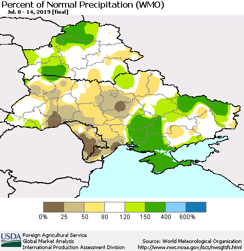 Ukraine, Moldova and Belarus Percent of Normal Precipitation (WMO) Thematic Map For 7/8/2019 - 7/14/2019
