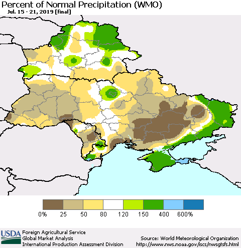 Ukraine, Moldova and Belarus Percent of Normal Precipitation (WMO) Thematic Map For 7/15/2019 - 7/21/2019