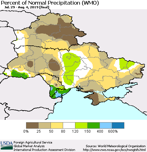 Ukraine, Moldova and Belarus Percent of Normal Precipitation (WMO) Thematic Map For 7/29/2019 - 8/4/2019