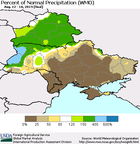 Ukraine, Moldova and Belarus Percent of Normal Precipitation (WMO) Thematic Map For 8/12/2019 - 8/18/2019