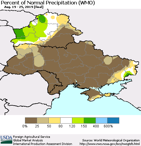 Ukraine, Moldova and Belarus Percent of Normal Precipitation (WMO) Thematic Map For 8/19/2019 - 8/25/2019