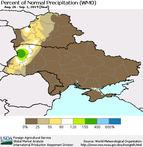Ukraine, Moldova and Belarus Percent of Normal Precipitation (WMO) Thematic Map For 8/26/2019 - 9/1/2019