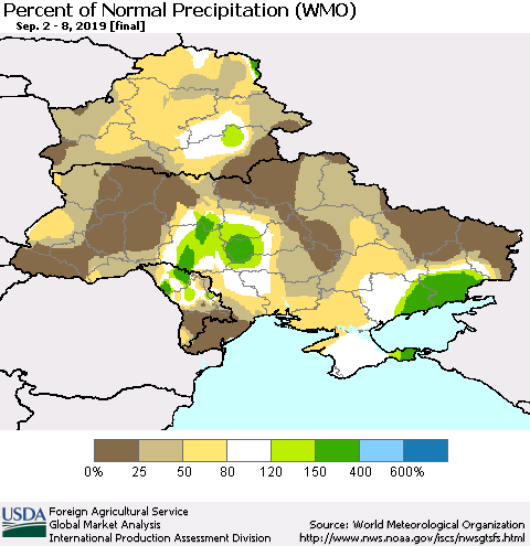 Ukraine, Moldova and Belarus Percent of Normal Precipitation (WMO) Thematic Map For 9/2/2019 - 9/8/2019
