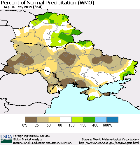 Ukraine, Moldova and Belarus Percent of Normal Precipitation (WMO) Thematic Map For 9/16/2019 - 9/22/2019