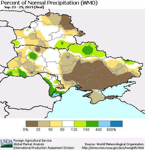 Ukraine, Moldova and Belarus Percent of Normal Precipitation (WMO) Thematic Map For 9/23/2019 - 9/29/2019