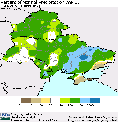 Ukraine, Moldova and Belarus Percent of Normal Precipitation (WMO) Thematic Map For 9/30/2019 - 10/6/2019